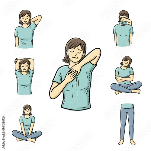 Woman with different emotions and poses showing signs of feeling unwell or experiencing body discomfort with subtle facial expressions and gestures.