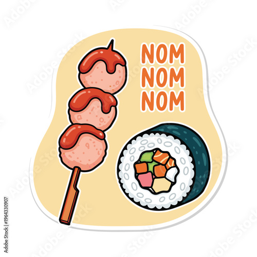 Cute Cartoon Food: Meatball Skewer and Sushi Roll with "Nom Nom Nom" Text