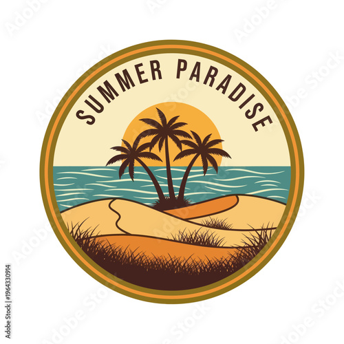 Tropical Summer Paradise Beach Scene with Palm Trees and Ocean Waves.