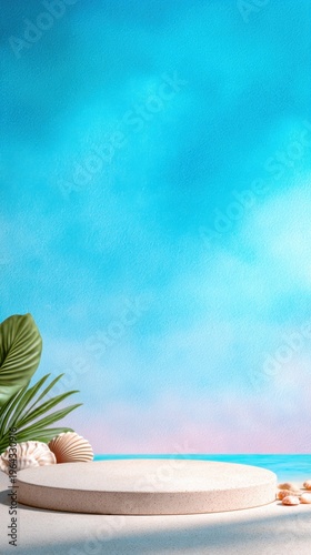 A serene coastal scene featuring a smooth round surface, shells, and vibrant blue skies