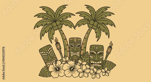 Tropical Tiki Gods and Palm Trees Illustration.