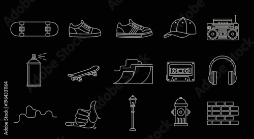 Urban Lifestyle Icons Set Featuring Skateboarding and Street Culture Elements.