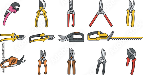 Garden Tools Vector Collection Featuring Pruners, Shears, Hedge Trimmers, and Cutting Equipment for Gardening, Landscaping, and Agricultural Work Design