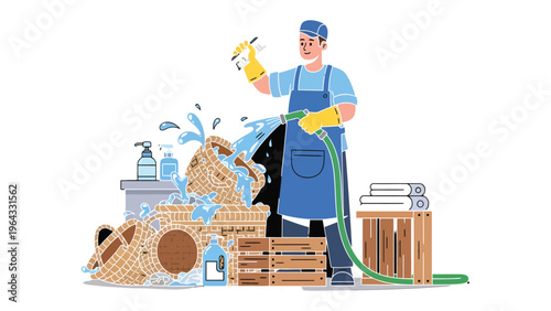 Cleaning Task: A man engaged in a household cleaning task, using a spray bottle and water hose to cleanse a stack of laundry baskets. Evoking a sense of order and cleanliness.
