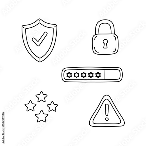 Security and protection icons set with shield lock password progress bar and warning signs for data safety and authentication.