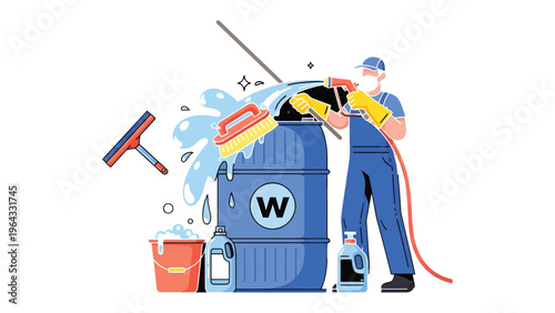 Industrial Cleaning and Sanitization: A worker in protective gear diligently sanitizes a large barrel using a high-pressure hose.