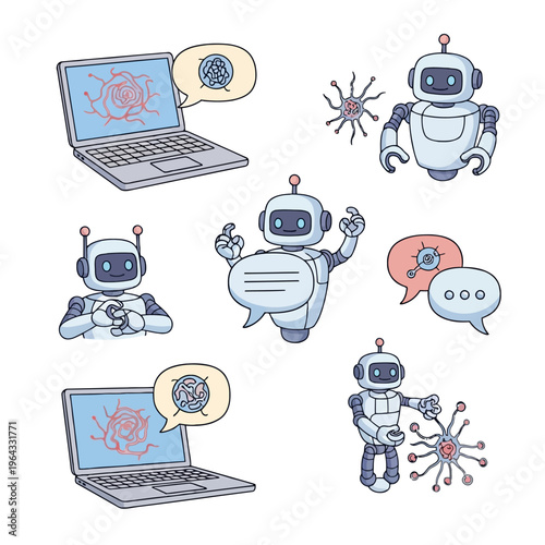 Robots communicate with each other and analyze data on laptop screens, showing digital network and viruses, artificial intelligence concept.