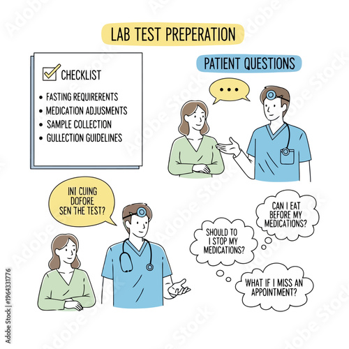 Doctor and patient discussing lab test preparation checklist questions about fasting medication collection guidelines and sample collection.