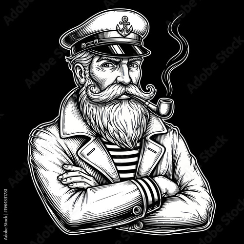 Vintage Engraving Style Portrait of a Bearded Sea Captain Smoking a Pipe.