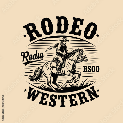 Vintage Rodeo Western Cowboy Riding Horse Illustration.