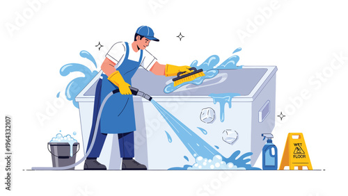 Hygiene Master: A dedicated cleaner diligently sanitizes a large surface using high-pressure water and a scrub brush, ensuring cleanliness and hygiene in every detail.