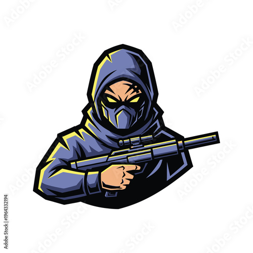 Cartoon masked man holding rifle gun.