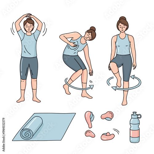 Warm up exercises before workout. hand drawn cartoon doodle illustration set of young man stretching, rotating foot, and neck rotation.