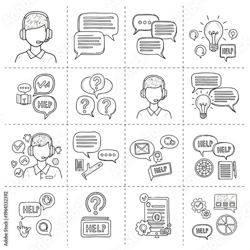 Customer support and help desk icon set featuring call center agents speech bubbles and problem solving symbols in hand drawn sketch style for business communication.