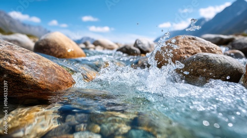 Low angle close up of splashing clear mountain stream flowing between smooth boulders under blue sky
