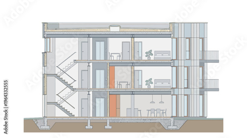 Architectural Cross-Section of a Modern Multi-Story Residential Building with Interior Layout, Elevator, and Foundation Details