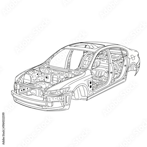Car chassis and body structure detailed technical drawing