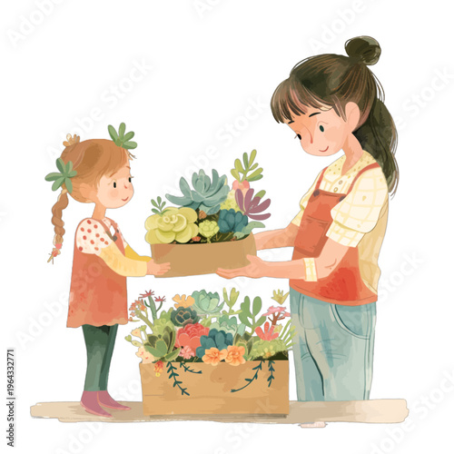 Watercolor mother and daughter gardening with wooden boxes of succulents and flowers
