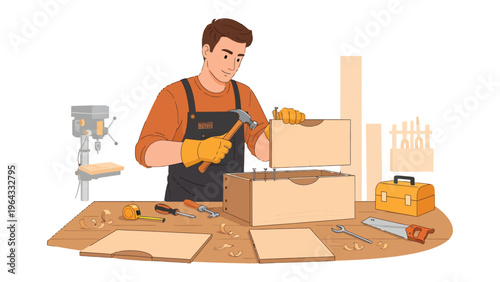Craftsman at Work: A skilled craftsman expertly hammers a nail, meticulously constructing a wooden project in a workshop setting. The scene portrays focused dedication and the art of woodworking.