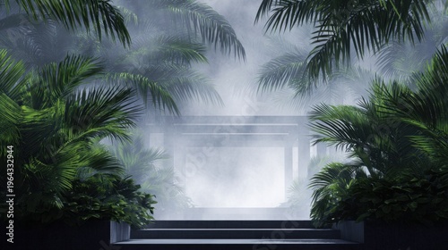 Lush green foliage surrounds a serene pathway, enveloped in mist and tranquility