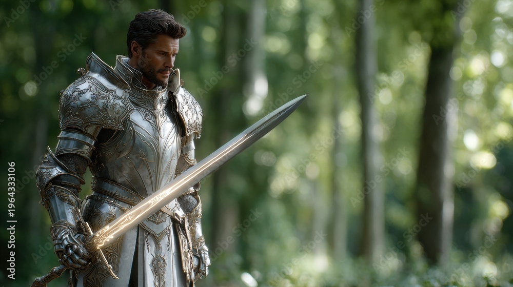 Fototapeta premium Armored medieval knight holding glowing sword in sunlit forest with shallow depth of field