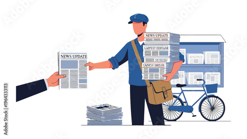 News Delivery Illustration: A stylized illustration presents a news delivery scene, featuring a newsboy carrying stacks of newspapers, interacting with a customer and a bicycle.