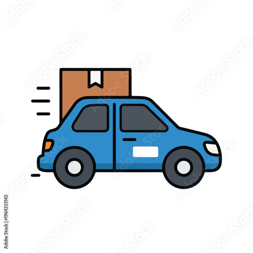 Blue car driving with cardboard box on top moving fast
