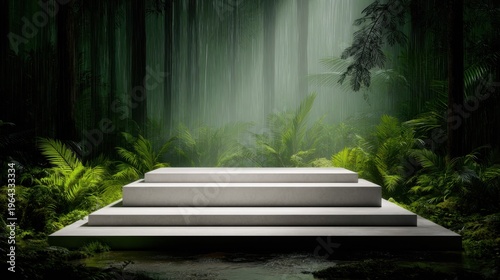 A serene, illuminated stone platform emerges from vibrant green foliage in a mystical forest