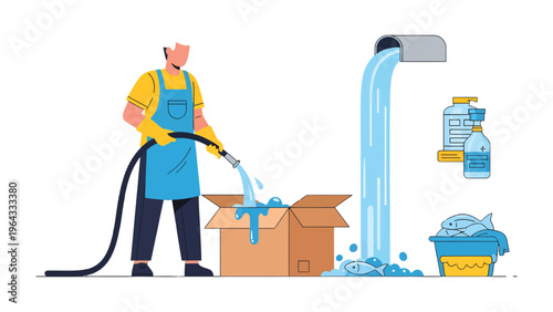 Watering down a box: An illustration of a worker carefully cleans a box with a water hose and there is a box, water and a fish bucket, this scene has cleaning liquid on the side 