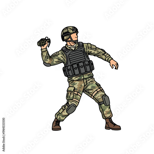 Soldier in camouflage gear throwing a grenade on white background