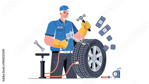 Tire Repair by Skilled Mechanic: A skilled mechanic meticulously repairs a tire, showcasing precision and expertise in his work, in a setting of service and restoration.
