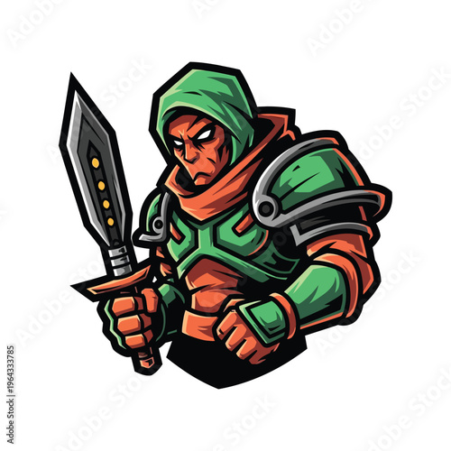 Cartoon character with green armor sword.