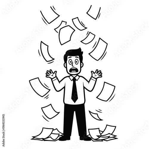 Man overwhelmed by flying paperwork in office chaos scene