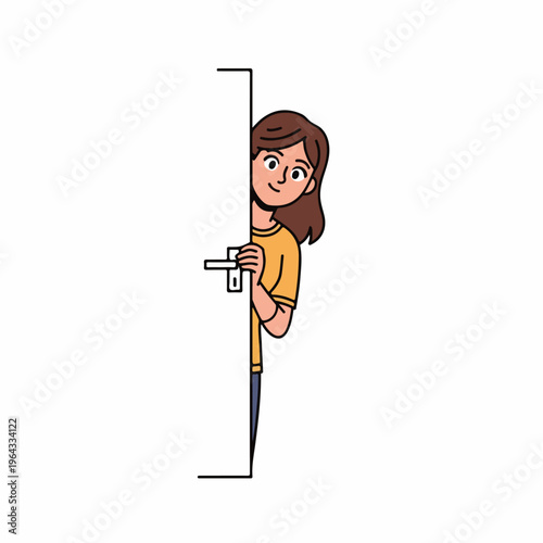 Woman peeking from behind a door with a curious smile on her face