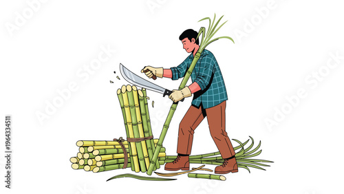 Sugarcane Farmer at Work: A farmer diligently harvests sugarcane, wielding a machete with precision and skill, showcasing the dedication of rural labor in a vibrant illustration.