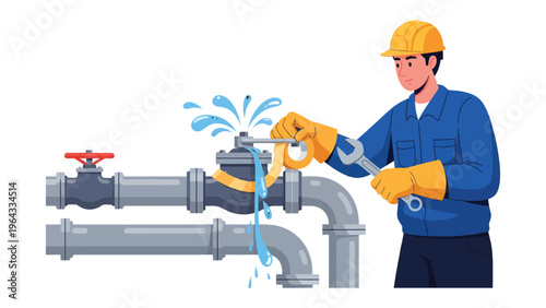 Plumber at Work: A skilled plumber addresses a water leak by swiftly tightening the valve with a wrench, expertly showcasing the importance of maintenance and repair.