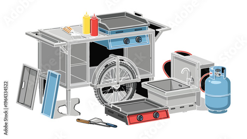  Mobile Kitchen Cart: A fully equipped mobile kitchen cart, ready to bring culinary creativity to any location, featuring a grill, storage, and utility sink, illustrating culinary versatility.