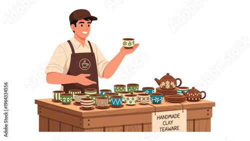Pottery artisan showcasing handcrafted tea set