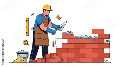 Bricklayer at Work: A skilled bricklayer meticulously constructs a brick wall, showcasing precision and craftsmanship in their profession.