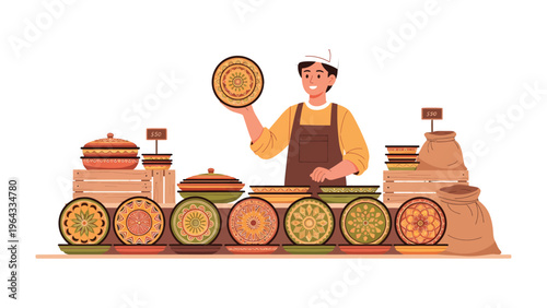 Artisan's Showcase: A skilled artisan proudly presents an array of handcrafted ceramics at a vibrant market stall, showcasing the beauty and detail of his work.