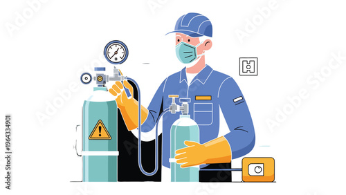 Technician Inspecting Oxygen Tank: A focused technician meticulously inspects an oxygen tank, ensuring safety and precision. The image is a visual ode to expertise and duty.