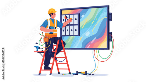 Technician at Work: A skilled technician, equipped with tools, meticulously works on electrical panel installation, mounted on a wall and supported by a ladder, demonstrating expertise.