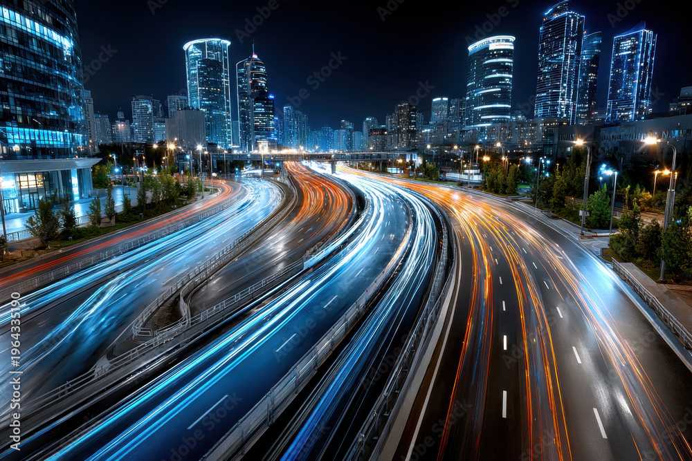 Fototapeta premium Night City Highway with Light Trails and Skyscrapers