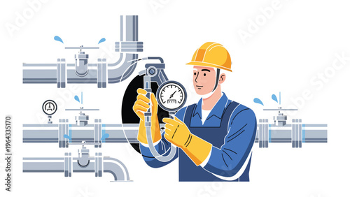 Plumber Inspecting Pipeline System: A skilled plumber meticulously examines a complex pipeline system with precision and expertise, using tools to assess and ensure its integrity.