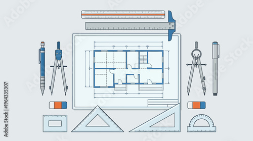 Architectural Floor Plan Blueprint with Drafting Tools for House Design, Engineering, and Construction Planning Vector Illustration