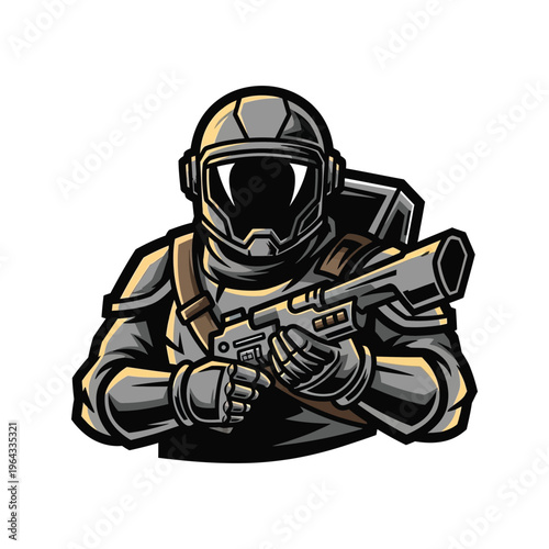 Soldier in combat gear holding rifle.