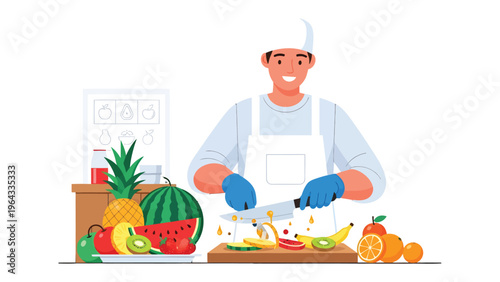 Culinary Creation: A skilled chef expertly prepares a vibrant array of fresh fruit on a wooden cutting board, showcasing culinary artistry and the joy of healthy eating.