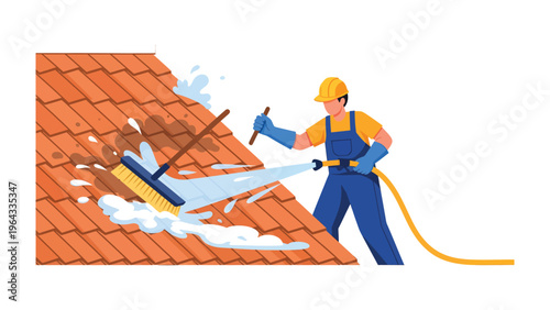 Roof Cleaning: A worker diligently cleans a tiled roof with a high-pressure water sprayer and brush, highlighting the process of maintenance and cleanliness.