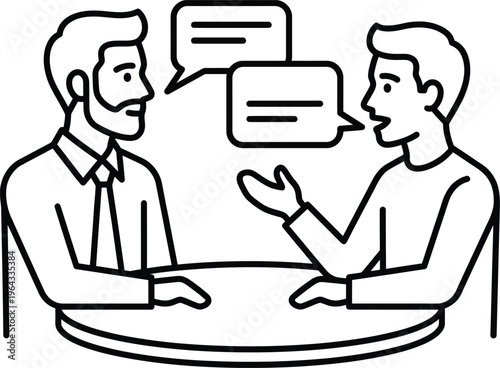 Two businessmen engaged in a discussion at a table with speech bubbles