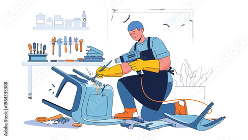 Repairing the chair: A skilled craftsman, clad in a professional uniform, meticulously repairs a damaged chair using tools, showcasing the art of restoration and the value of craftsmanship.